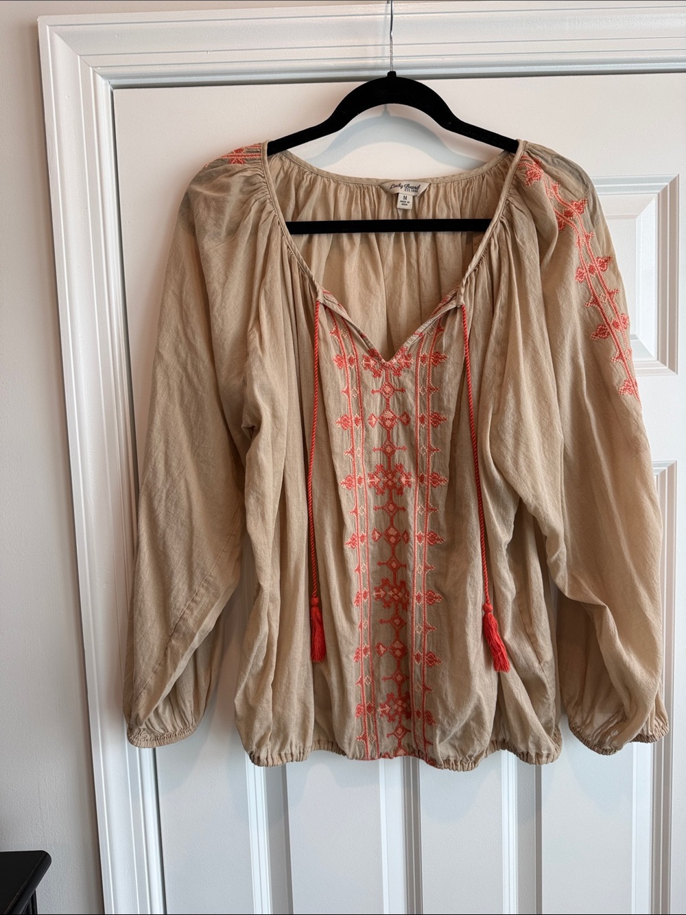 Lucky Brand Beige Peasant Tunic with Coral Embroidery